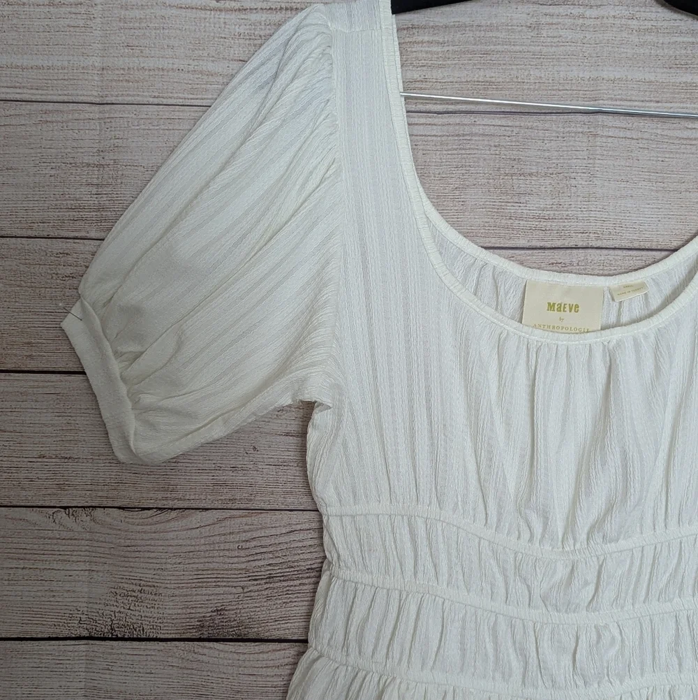 Maeve Anthropologie Size Small White Smocked Peplum Top Puff Sleeve Scoop Neck